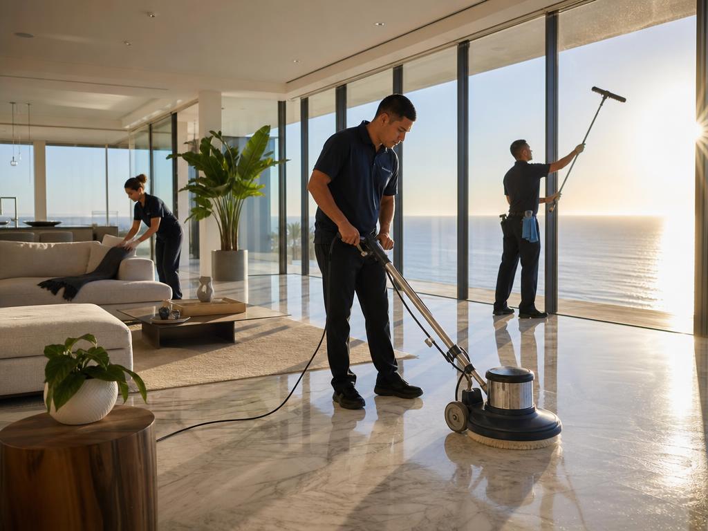 Equipo KSM puliendo el piso de un lobby en Viña del Mar, Concón, Reñaca y todo Chile