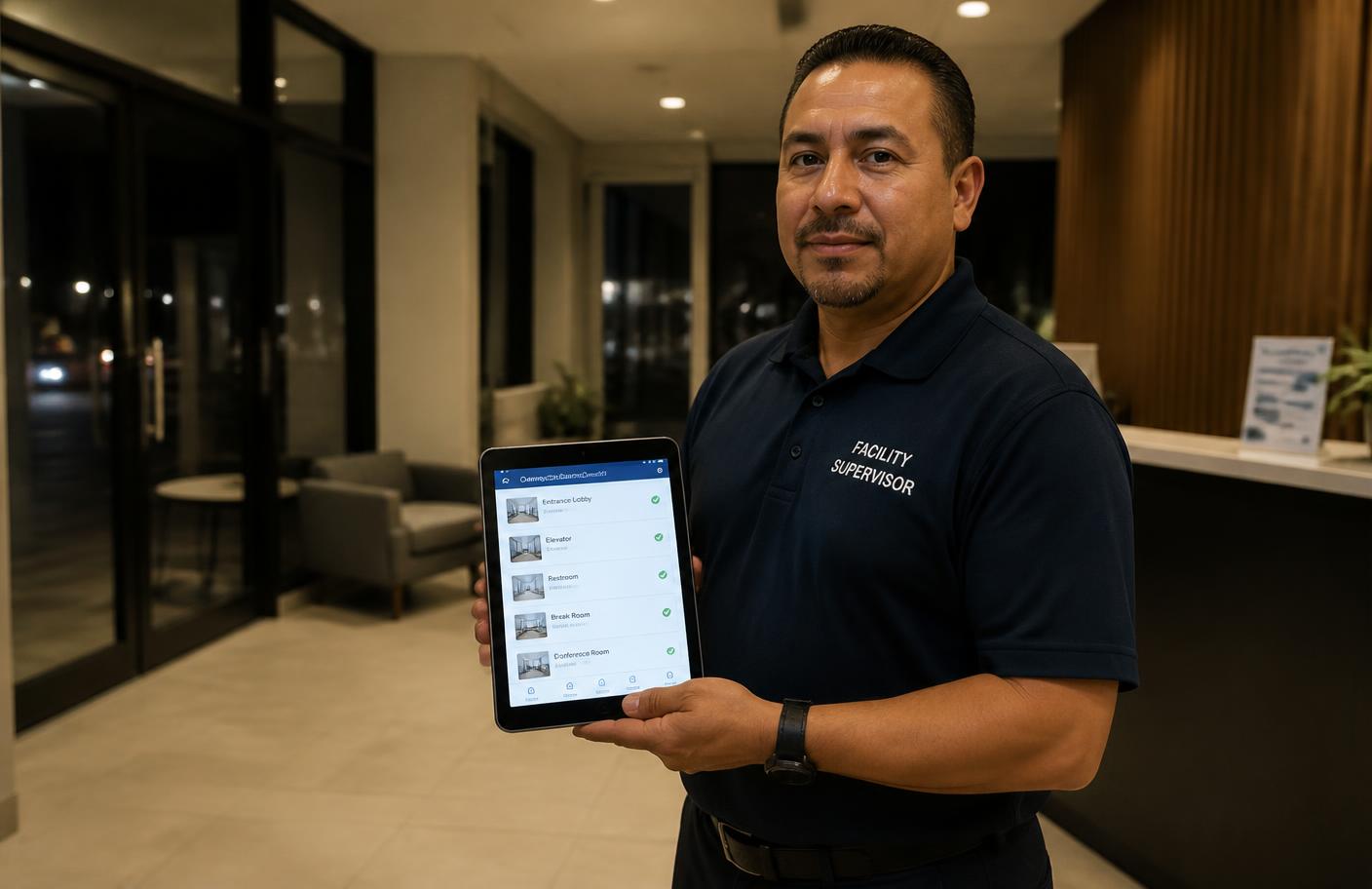 Supervisor KSM mostrando el reporte diario de limpieza en una tablet